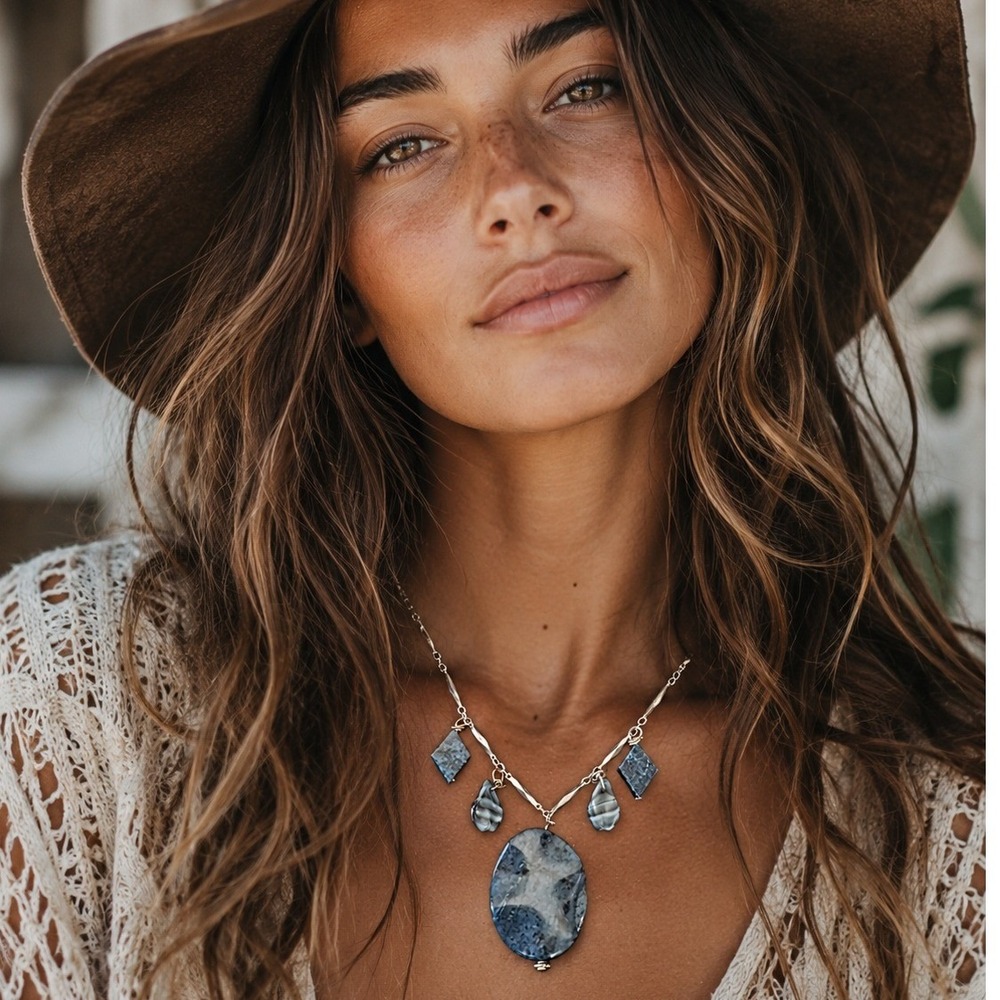Vintage Blue Grey‎ Natural Stone Bohemian Silver Bar Link Multi Charm Necklace